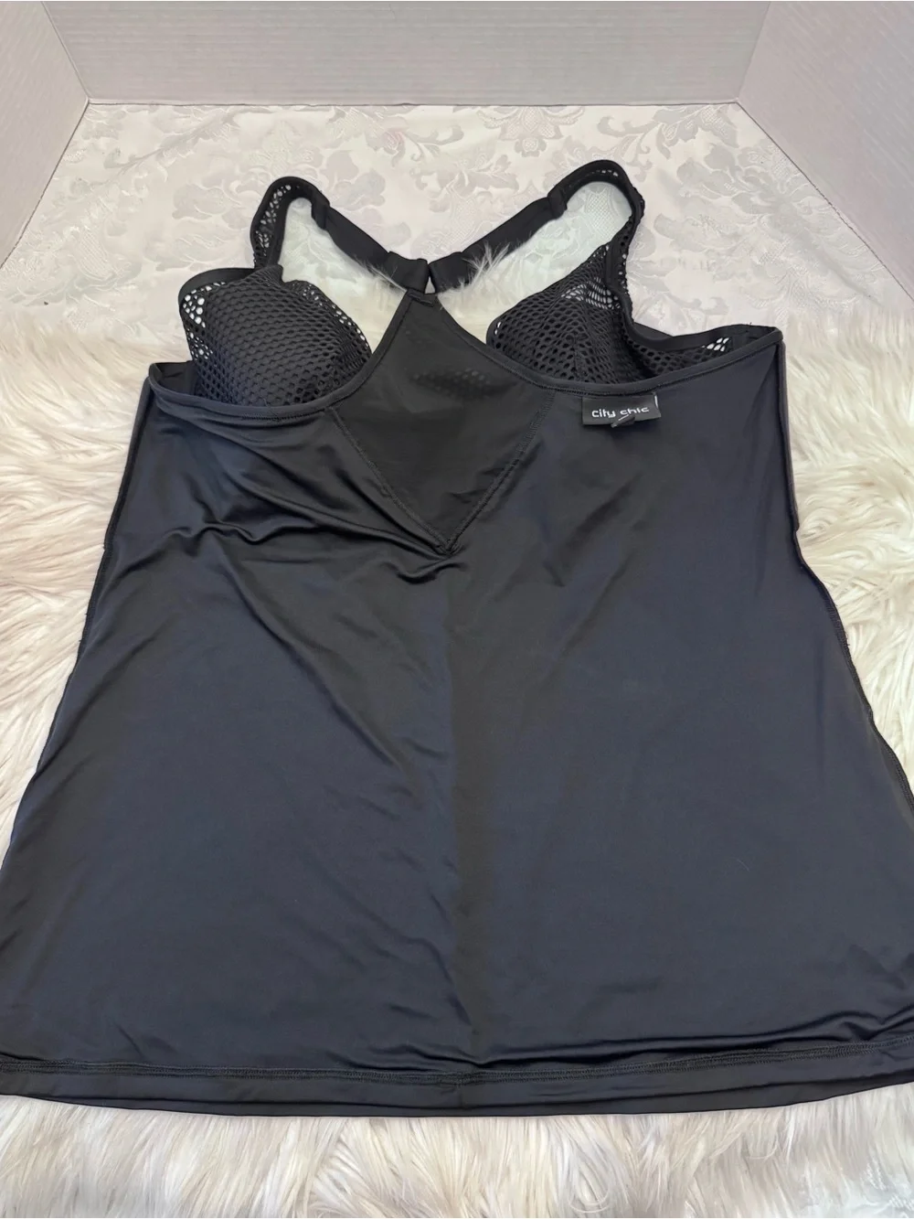 City Chic Med Black Mesh Underwire Racerback Swimsuit Top Tankini Slimming